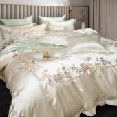 高档轻奢田园新款 140S真丝棉长绒棉绣花高级床品四件套亲肤软丝滑