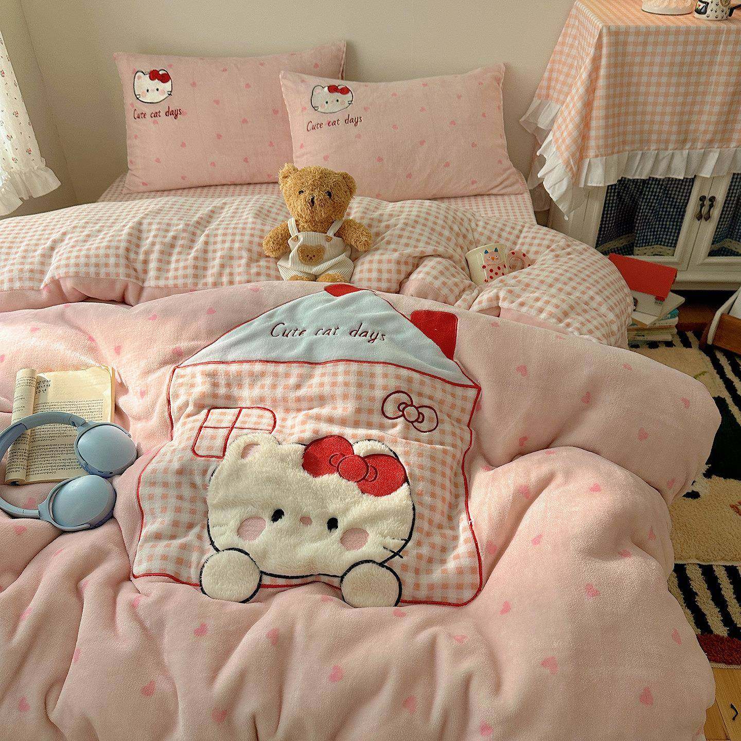 季双面1109\/1加珊厚牛绒四件套奶刺绣儿童粉色保暖瑚绒被套床单,床上用品,床品套件/四件套/多件套,淘宝优惠券,粉丝福利购,淘宝优惠卷