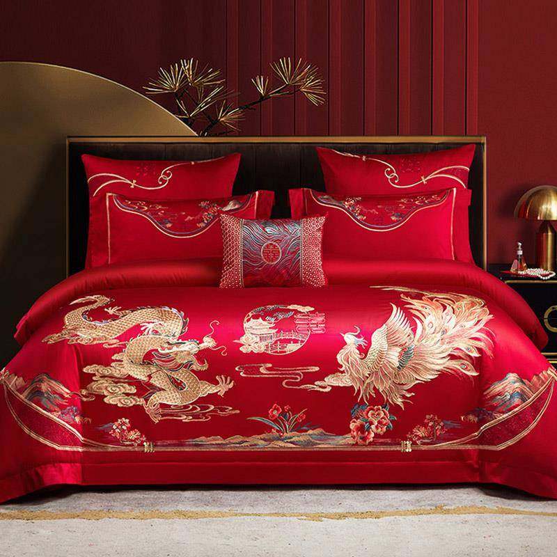 婚家纺婚庆全棉四XNM龙件套0床单床盖10支凤刺绣嫁被套床上用品