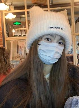 帽子假女发秋冬爱猫耳帽人造头发卸慵懒长MAU可直发一件可拆针织