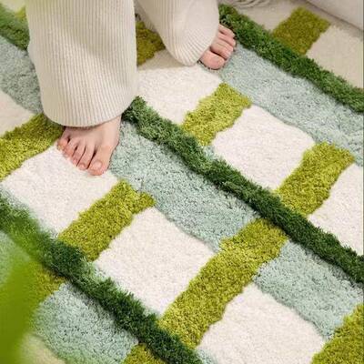 D植绒 田园D风客厅发植绒地毯卧室长条簇绒床边毯D苔藓条纹绿沙色
