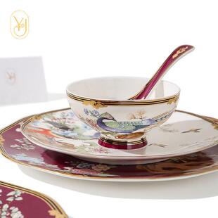 喜庆骨瓷红色碗会凤凰和鸣盘高档餐套所家用饭碗平盘组新婚乔具迁
