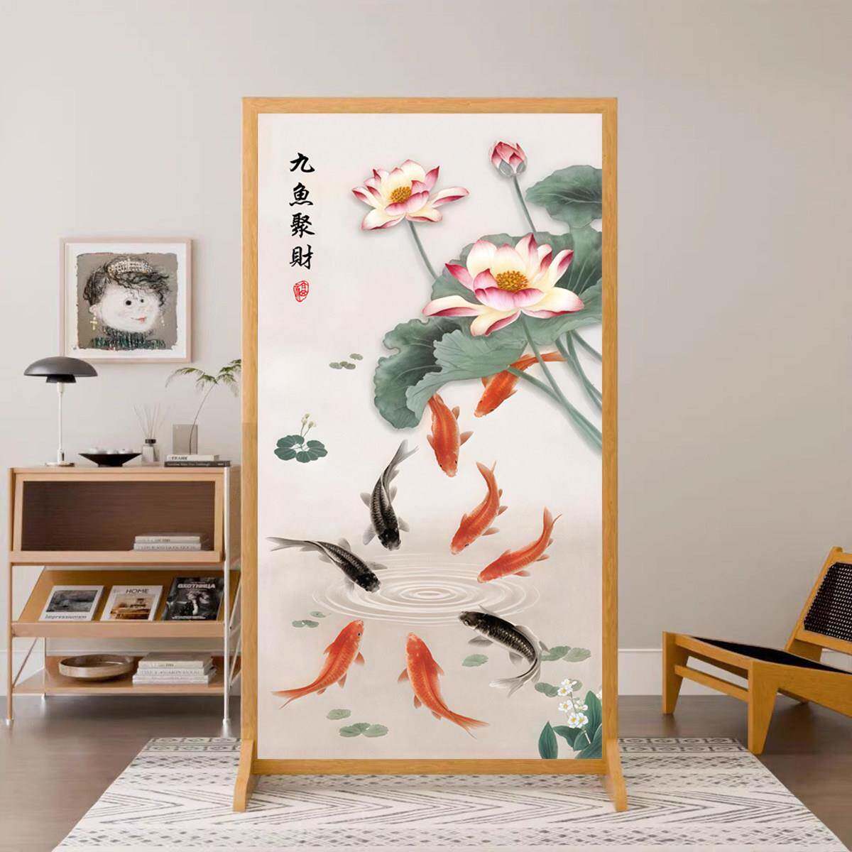 九鱼聚财新中Z-07现式代艺布荷花屏风隔关断客厅玄遮挡可移动酒店