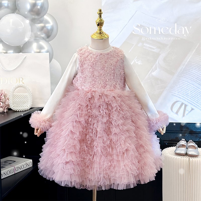 女童连衣裙秋冬款小女孩高端礼服粉色背心裙儿童蓬蓬裙生日蛋糕裙