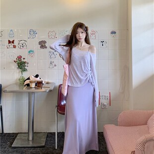 MM谢谢家大码女装随意时髦紫色吊带连衣裙薄款漏肩防晒罩衫两件套