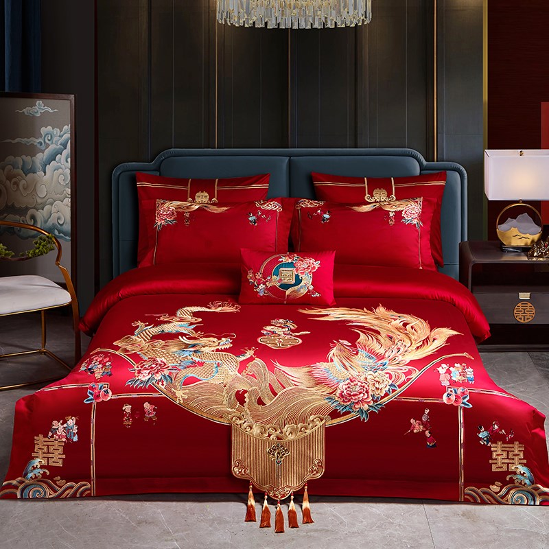 中式结婚龙凤刺绣长绒棉全棉四件套豪华I婚房红色床单被套床上用