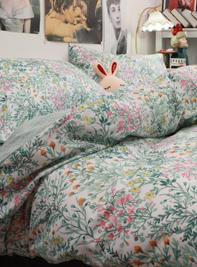 田园风小碎花纯棉四件套清新绿色15D米被套床单18m床笠4件套南