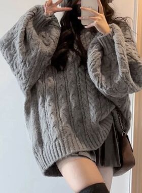 加厚版!高级感V领灰色麻花毛衣女秋冬宽松复古灯笼袖.针织慵懒风