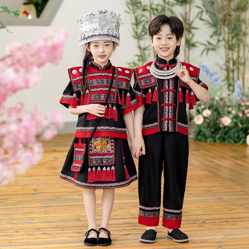 儿童演出服三月三壮族舞蹈服苗族彝族表演服男女童幼儿园少数民族