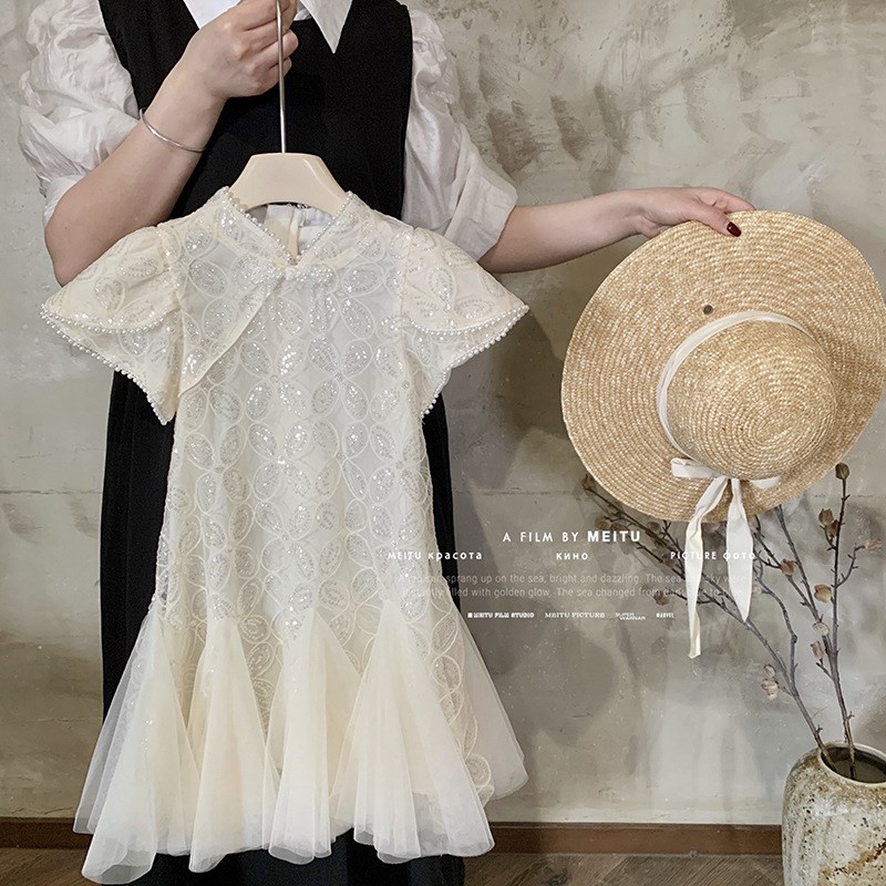 女童旗袍连衣裙夏季2024新款洋气女孩亮片新中式盘扣白色公主纱裙