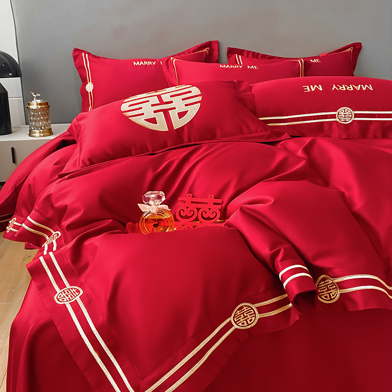 高档简约婚庆纯棉四件套喜庆大红色刺绣被套全Q棉床单结婚床上用