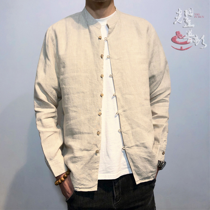 春夏立领纯亚麻薄款唐装男上衣长袖衬衫休闲宽松佛系汉服中山装潮
