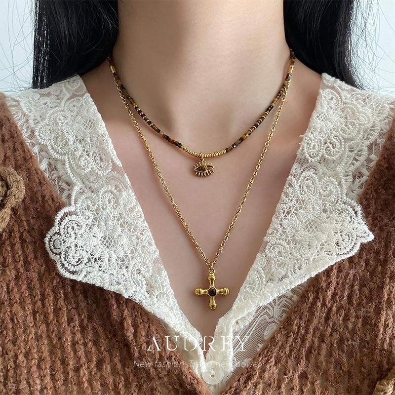 天然虎眼石设计感串珠项链女美拉德十字架吊坠小众叠戴毛衣链秋冬
