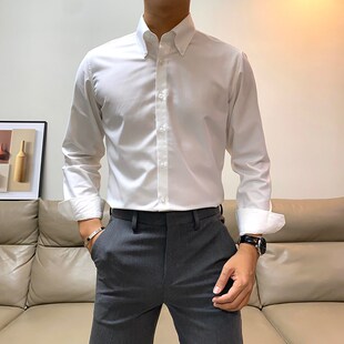 春季新款商务休闲纯色长袖衬衫男韩版修身青年帅S气百搭免烫衬衣