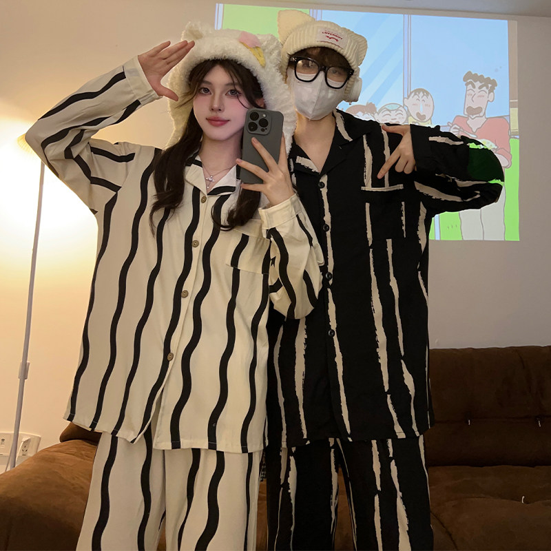 高级感条纹情侣睡衣女秋冬季长袖B长裤男士大码宽松夏天家居服套,女士内衣/男士内衣/家居服,睡衣/家居服套装,淘宝优惠券,粉丝福利购,淘宝优惠卷