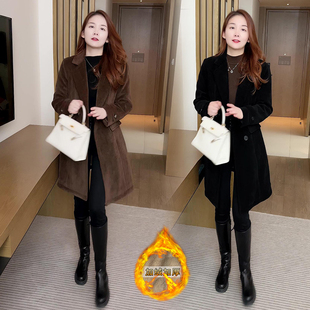 加绒加厚风衣外套女士2025秋冬季新款中长款高级感西装领保暖大衣