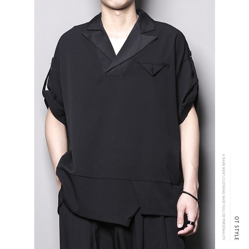 日系暗黑系不对称设计感短袖t恤男潮翻领衬衫宽松衬衣发型师