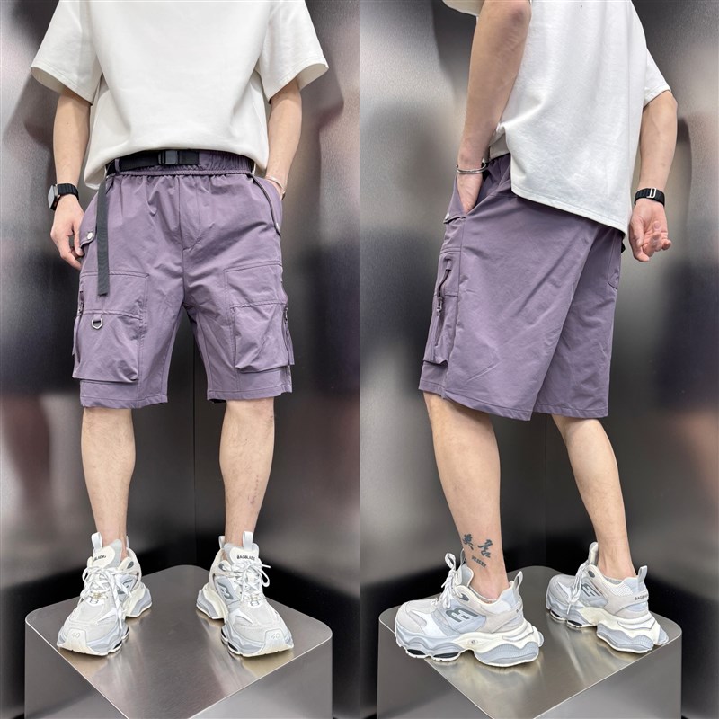 夏季新款腰带设计短裤薄款宽松工装五分裤男生直筒设计感沙滩裤子