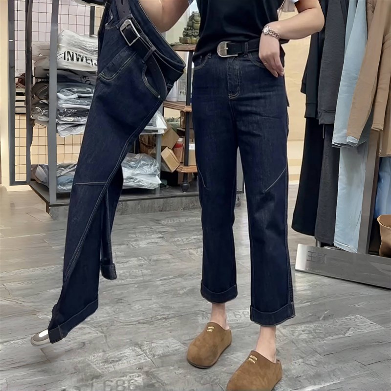 2025春季新款大码高腰普洗蓝九分牛仔裤女胖mm宽松显瘦直筒法棍裤