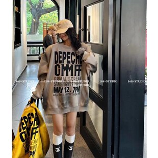 大版卫衣女圆g领不带帽中长款遮屁股宽松无帽晕染设计感下衣失踪