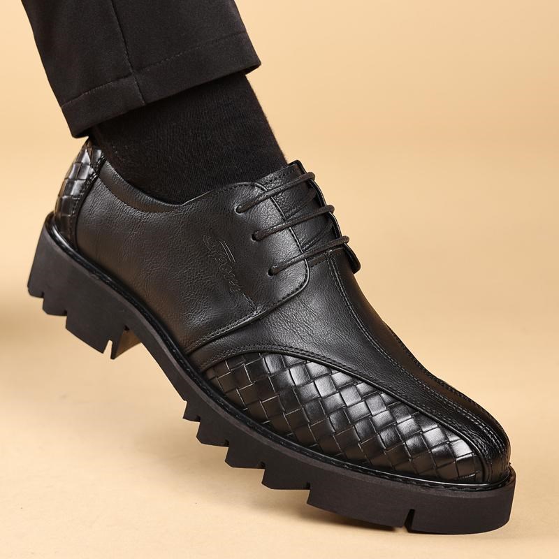 时尚尖头皮鞋男士商务休闲厚底内增高西装鞋通勤德比鞋新郎结婚鞋