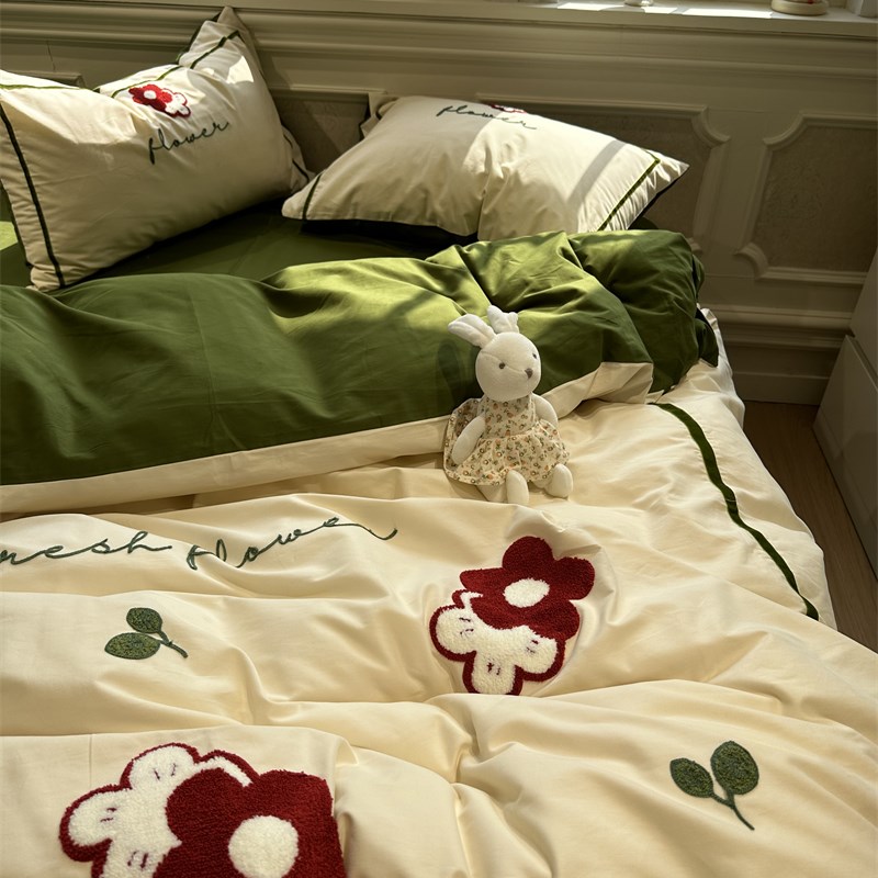 100支轻磨毛h刺绣复古绿红色花花纯棉全棉四件套1.5m1.8米床上用