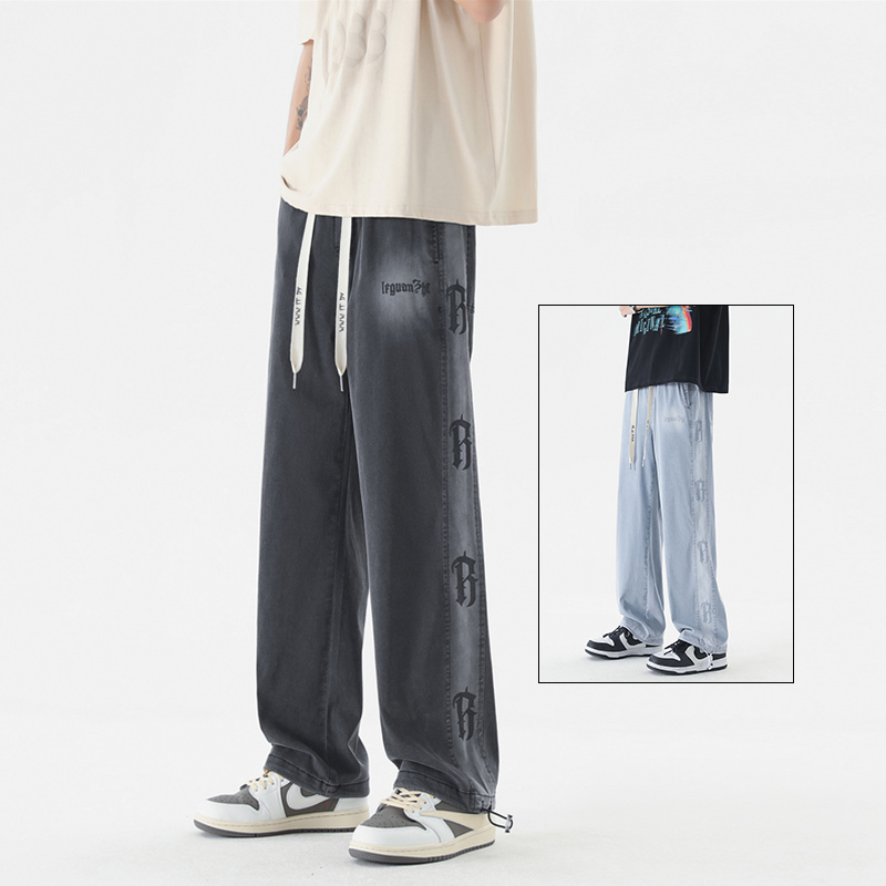 2024冰丝夏季新款青少年潮流百搭男裤学生大童宽松阔腿薄款牛仔裤