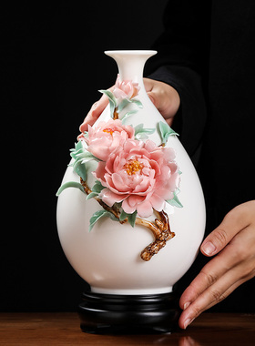 陶瓷花开富贵手工花瓶中式摆件客厅卧室博古架柜台高端.轻奢装饰