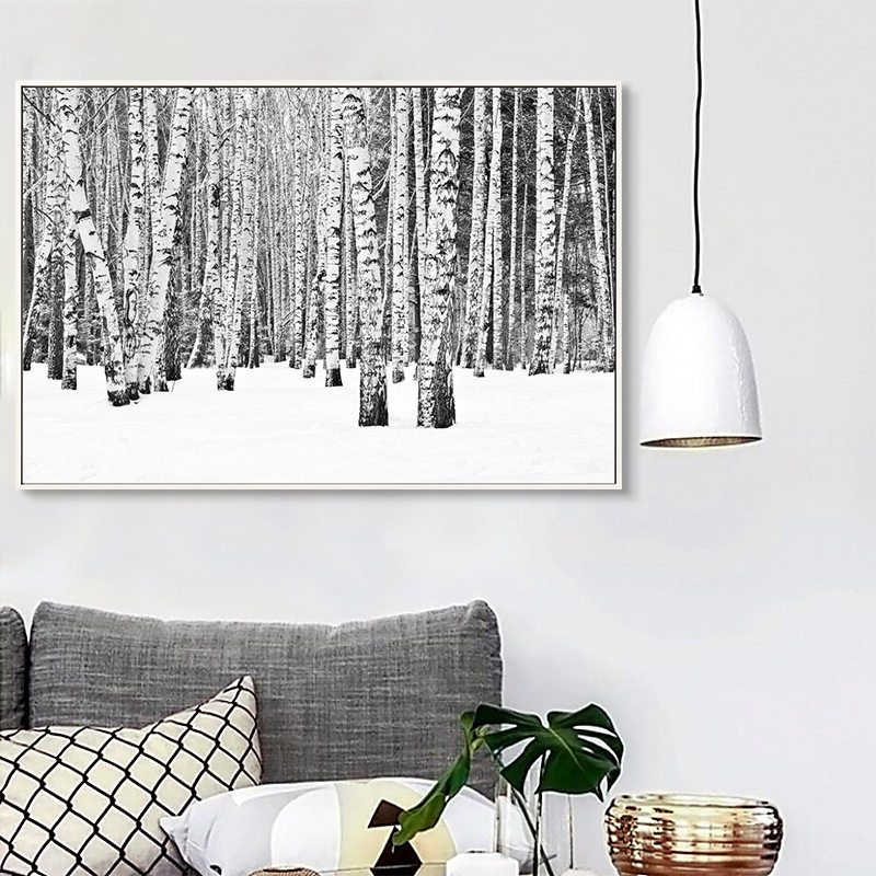 客厅装饰画北欧风景挂画现代简约白桦林森林雪景卧室餐厅室内壁画
