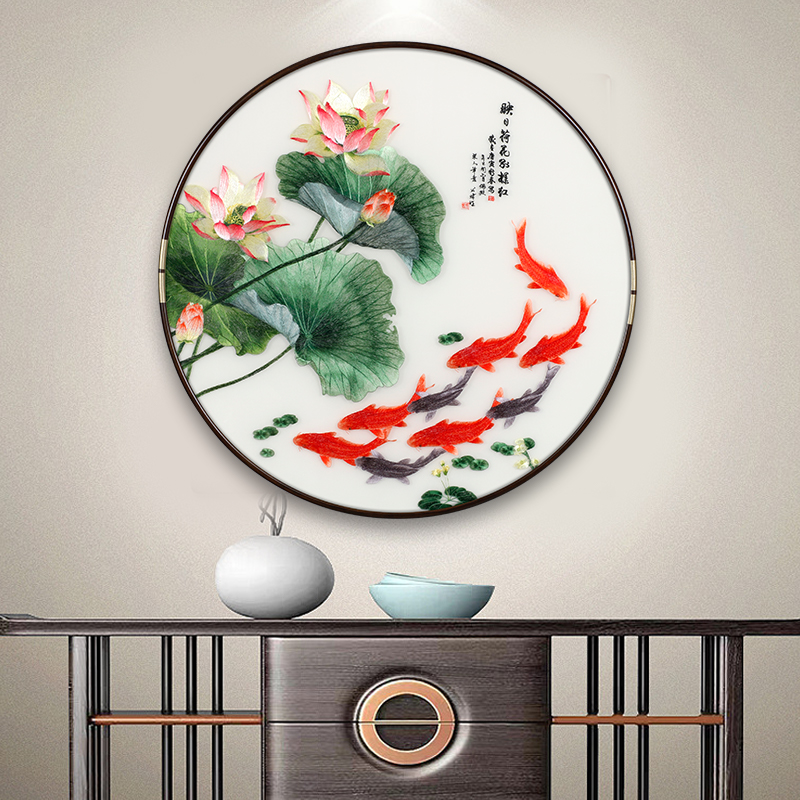 玄关画新中d式刺绣圆形装饰画高档大气餐厅走廊过道壁画书房背景图片