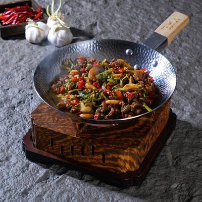 费大厨辣椒炒肉专用木柄铁锅创意餐具湘菜小炒肉盘不锈钢干锅餐具