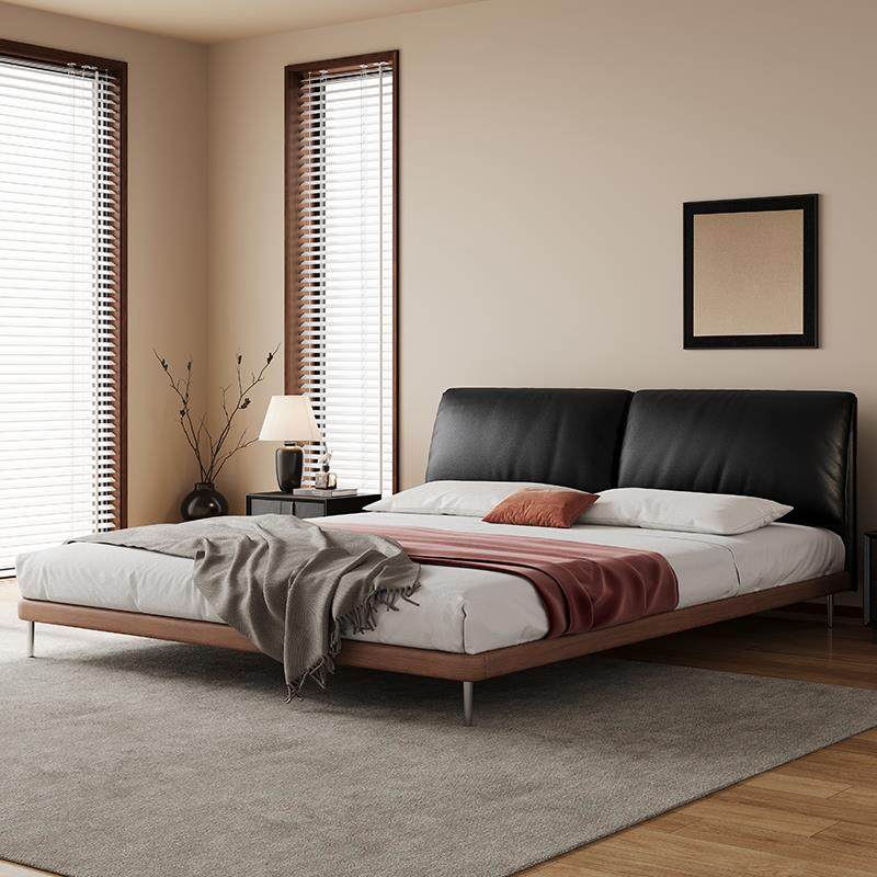 奥古斯特黑色软包真皮床主卧家用意式极简豆腐块大象耳朵双人床