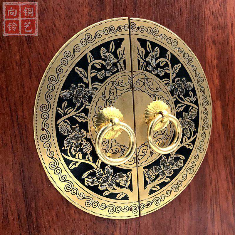 中式仿古橱柜把手明清家具铜配件纯黄铜圆形雕花书柜衣柜门铜拉手