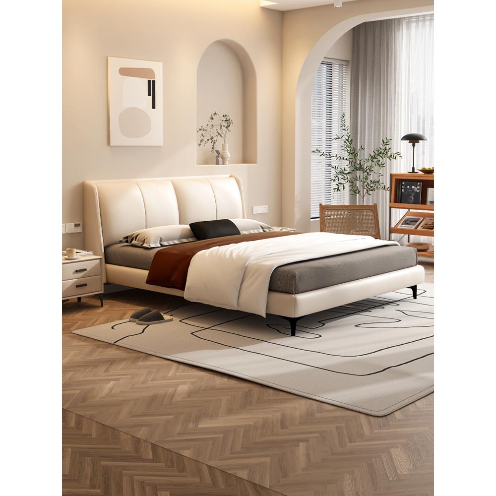 科技布床奶油风双人床轻奢网红软包薄床头主卧大床布艺床简约现代