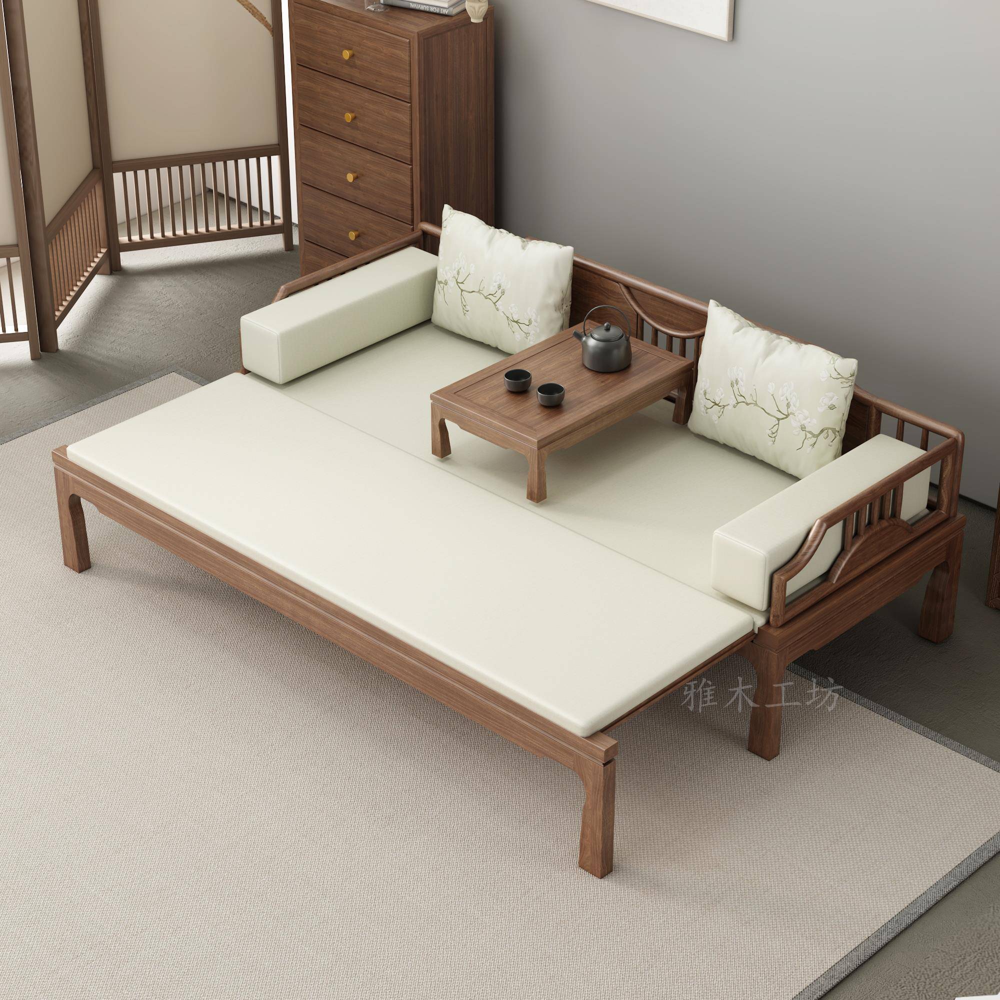 新中式罗汉床现代轻奢禅意简约客厅大小户型实木沙发床白蜡木家具