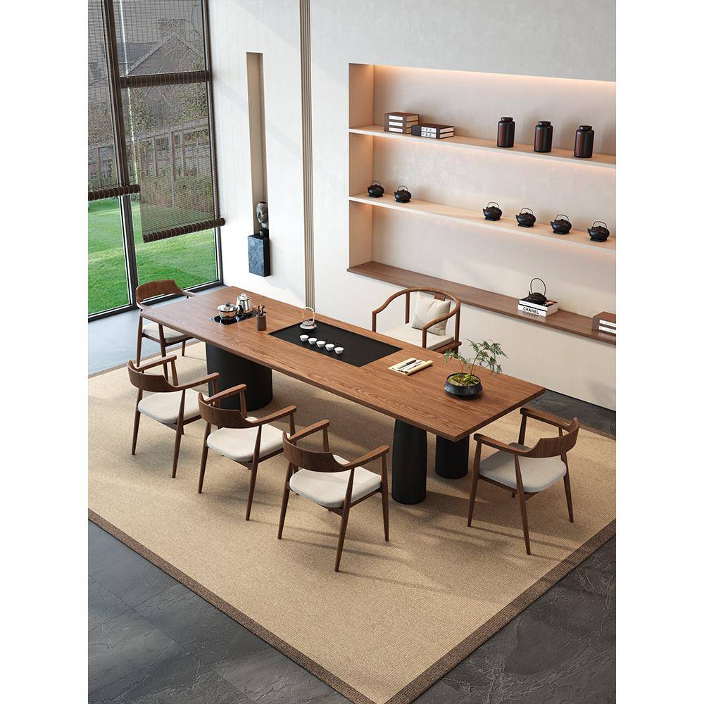 现代简约实木茶桌烧水壶一体大板茶台寂风客厅家用高端办公茶桌