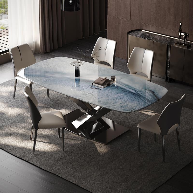 意式极简超晶石餐桌高端小户型简约现代大理石加厚餐椅组合长桌子