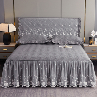 通用公主风夹棉床裙式 四季 床罩单件高级感双层纱花边床围床套防滑