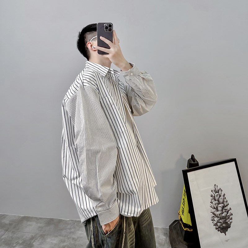 PGUP秋季新品袖子拼接条纹长袖衬衫男细条纹基础款宽松百搭衬衣潮