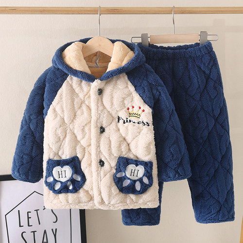 儿童睡衣女童冬季2023新款珊瑚绒女孩法兰绒三层夹棉加厚家居服