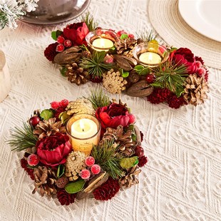 复古牡丹松果烛台圣诞摆件北欧浪漫珠光晚餐烛台节日餐桌装 饰花环