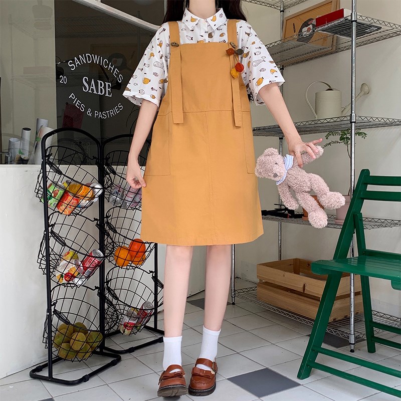 2024夏季小清新工装背带裙套装女初中高中学生收腰洋气衬衣两件套
