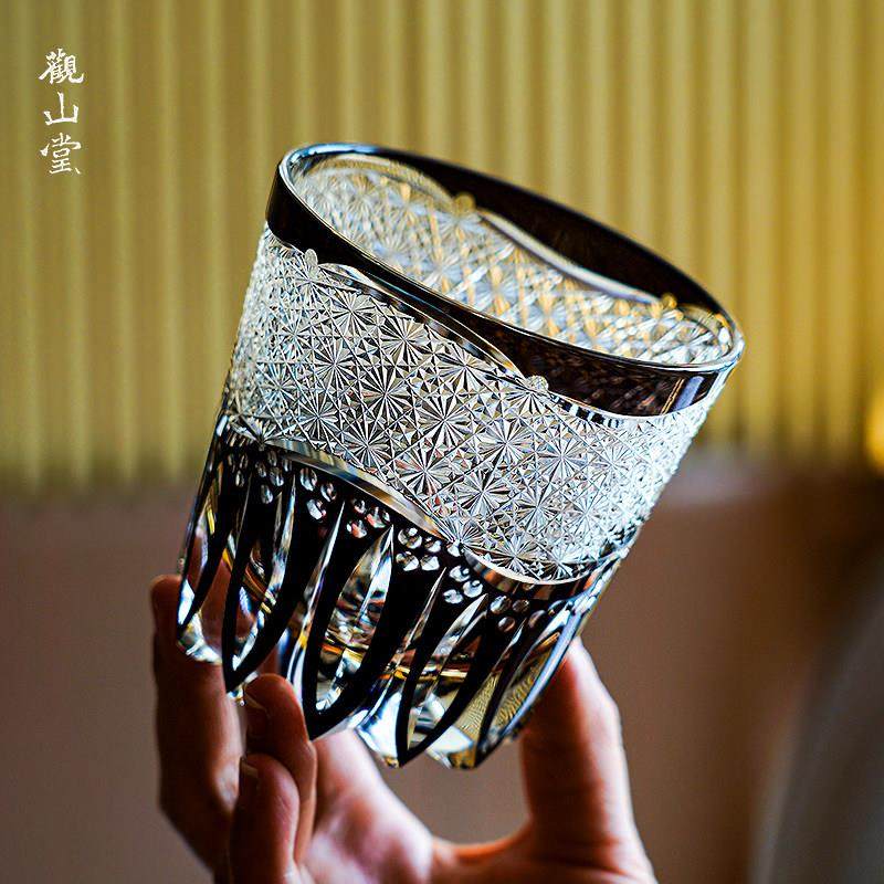 精刻版！江户切子新款金菊浪花水晶威士忌酒杯设计感洋酒杯礼盒装