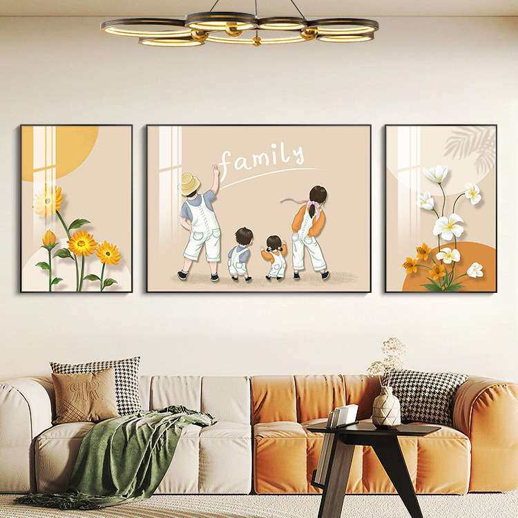 深圳大芬油画村一家四口客厅装饰画现代简约沙发背景墙壁挂画温馨