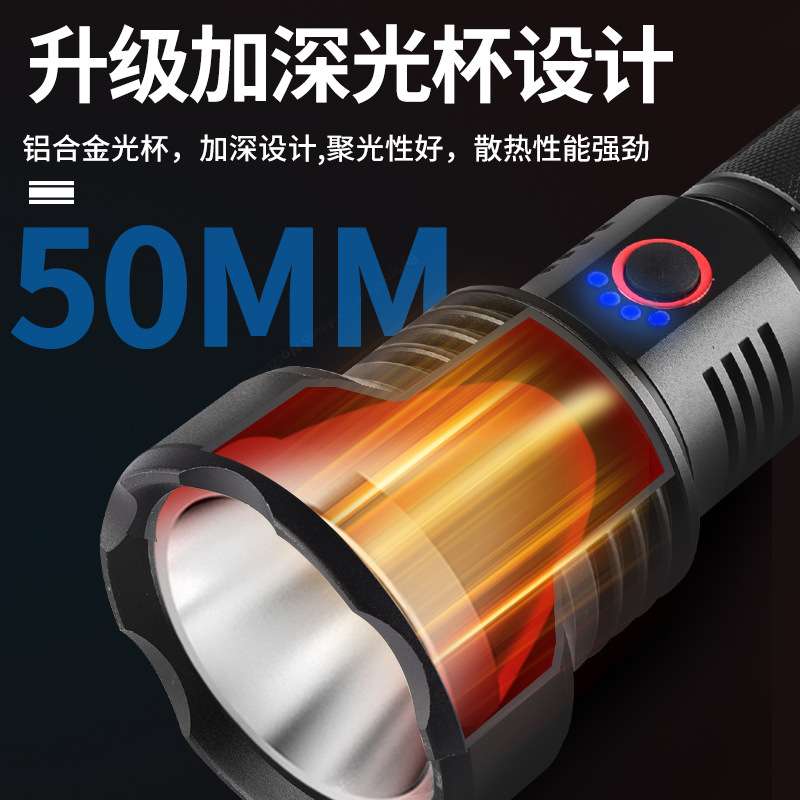 跨境新品厂家T40强光USB带电量显示输出户外远射充电LED手电筒