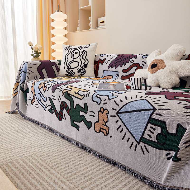 棉麻加厚沙发盖布四季通用卡通沙发巾亚马逊沙发套罩盖布沙发垫盖