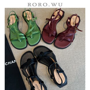 女平底T282 气质优雅小众设计感夹趾一字带凉鞋 娆娆吴马毛夏季 新款