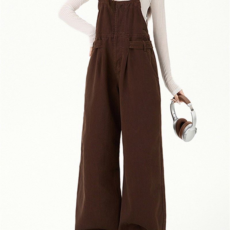 美拉德咖色牛仔背带裤女2025秋冬新款慵懒风小个子显瘦宽松阔腿裤