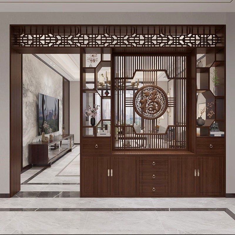 新中式实木格栅屏风客厅餐厅隔断柜古架入口月洞门储物架入口柜