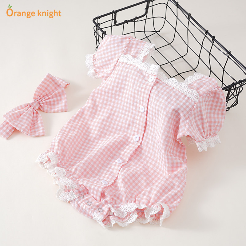 婴儿包屁衣夏季格子女宝宝全开扣蕾丝三角哈衣ins超火爆款连体衣